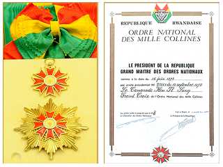 Order to President <nobr><strong><b>Kim Il Sung</b></strong></nobr>-Order of One Thousand Peaks National Great Cross and certificate June 15, Juche67(1978), Rwanda 